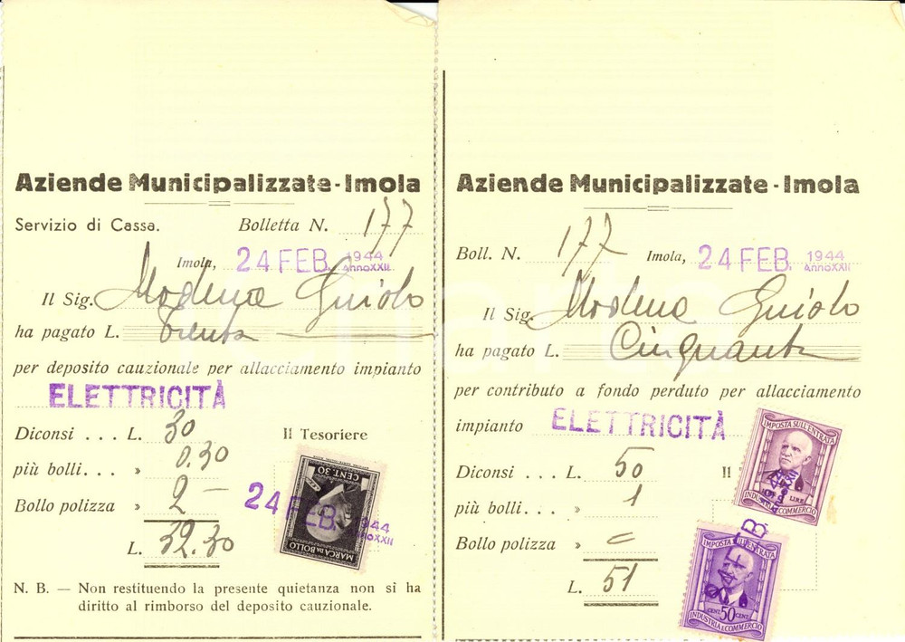 Documento originale, autentico 1944 IMOLA BO Aziende municipalizzate Ricevuta per allacciamento elettricitÃ 1