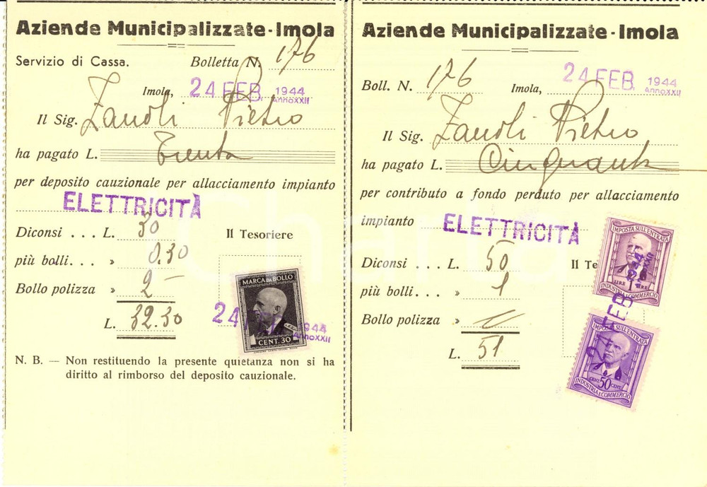 Documento originale, autentico 1944 IMOLA BO Aziende municipalizzate Ricevuta per impianto elettrico 1