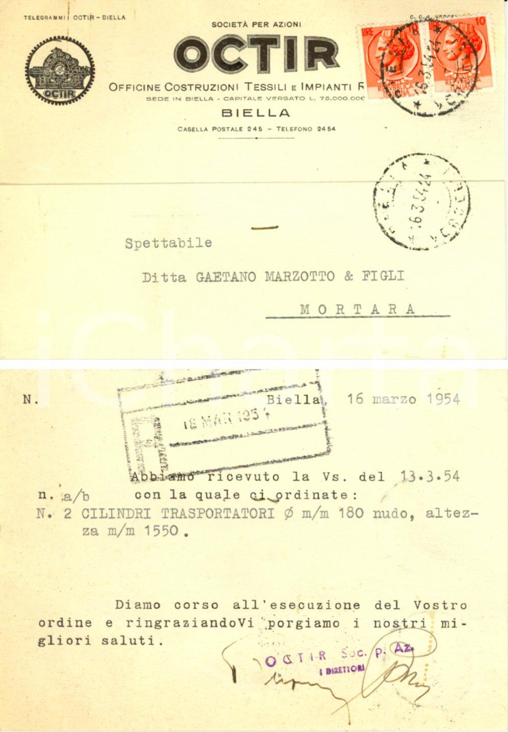 Cartolina originale da collezione 1954 BIELLA Officine costruzioni tessili OCTIR Ricezione ordine INTESTATA FG VG 1