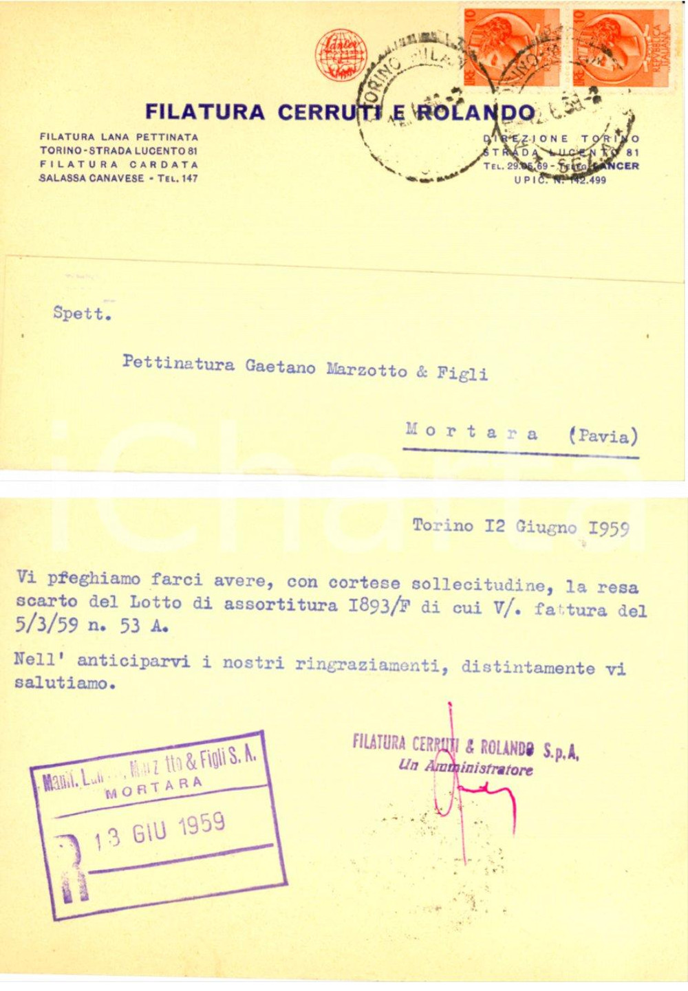 Cartolina originale da collezione 1959 TORINO Filatura CERRUTI e ROLANDO Richiesta di resa lotto INTESTATA FG VG 1