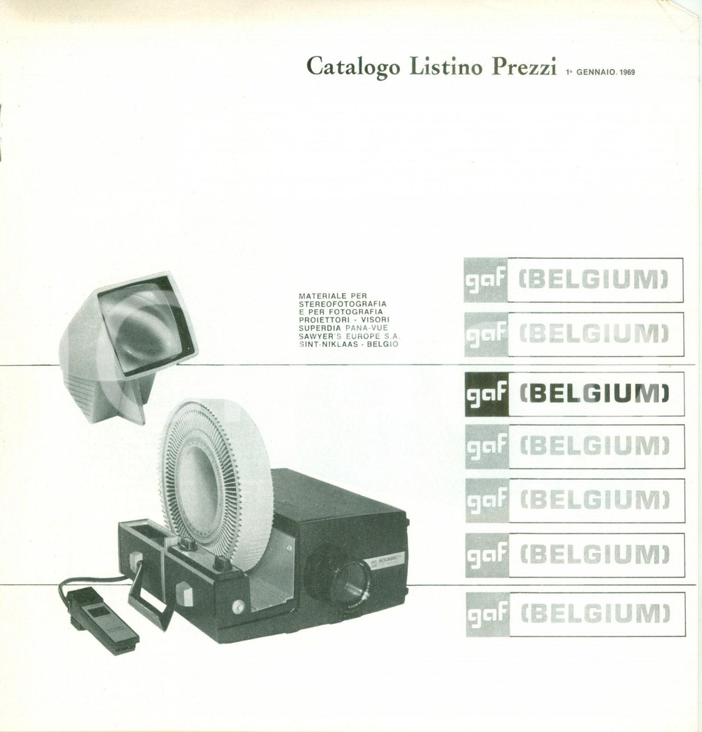 Materiale pubblicitario d’epoca 1969 MILANO Materiale per stereografia GAF BELGIUM Catalogo listino prezzi 1