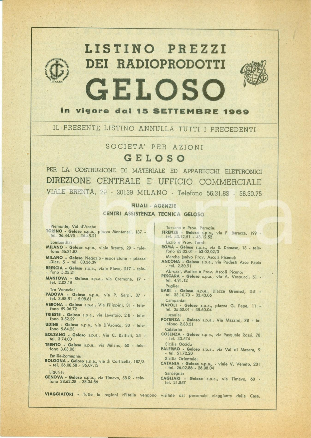 Materiale pubblicitario d’epoca 1969 MILANO Listino prezzi radioprodotti GELOSO Opuscolo 1