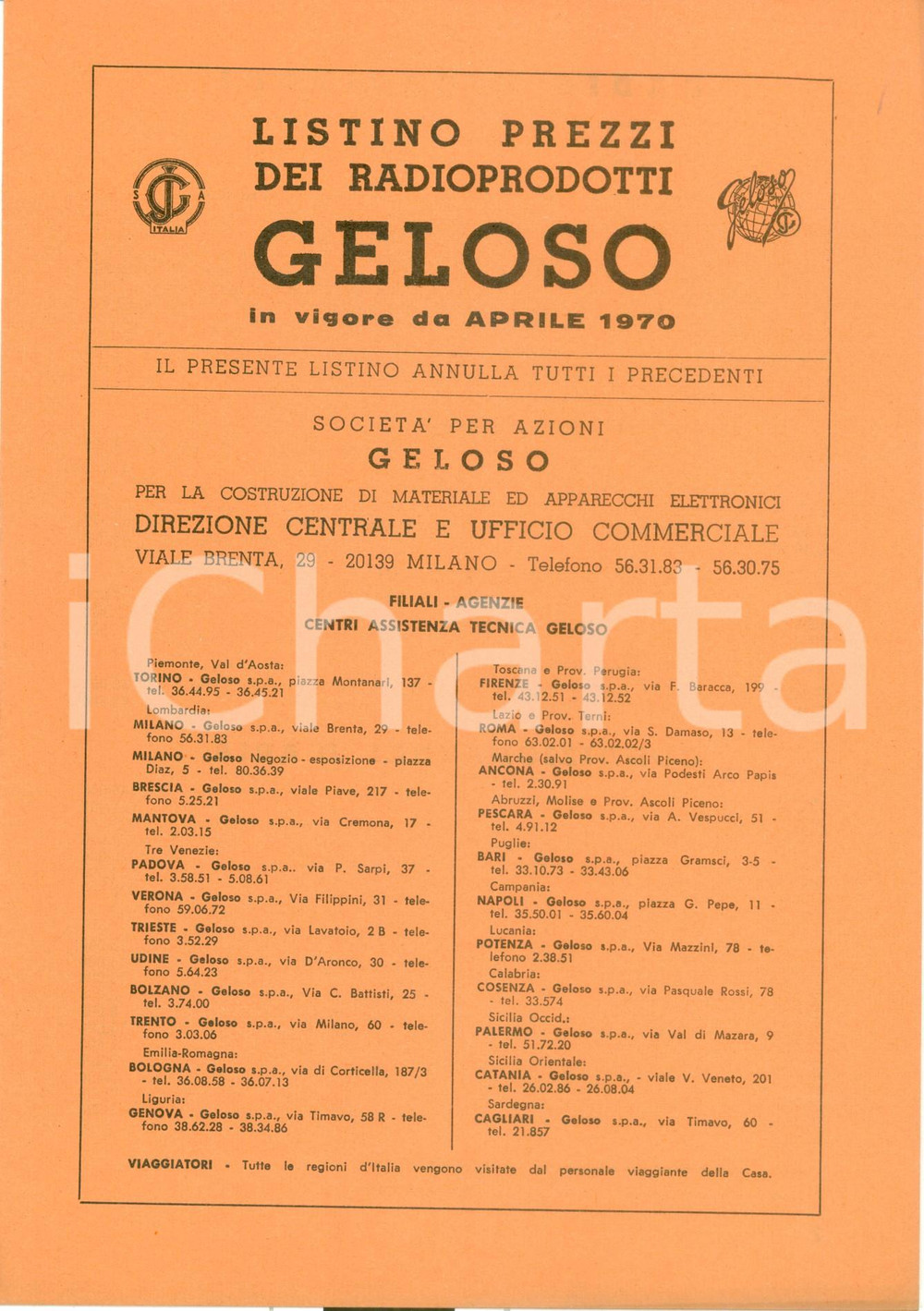 Materiale pubblicitario d’epoca 1970 MILANO Listino prezzi radioprodotti GELOSO Opuscolo 1