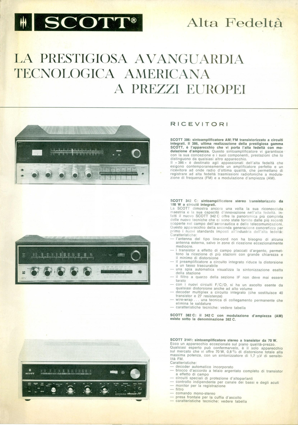 Materiale pubblicitario d’epoca 1970 ca MILANO Alta fedeltÃ  SCOTT a prezzi europei Catalogo ILLUSTRATO 1