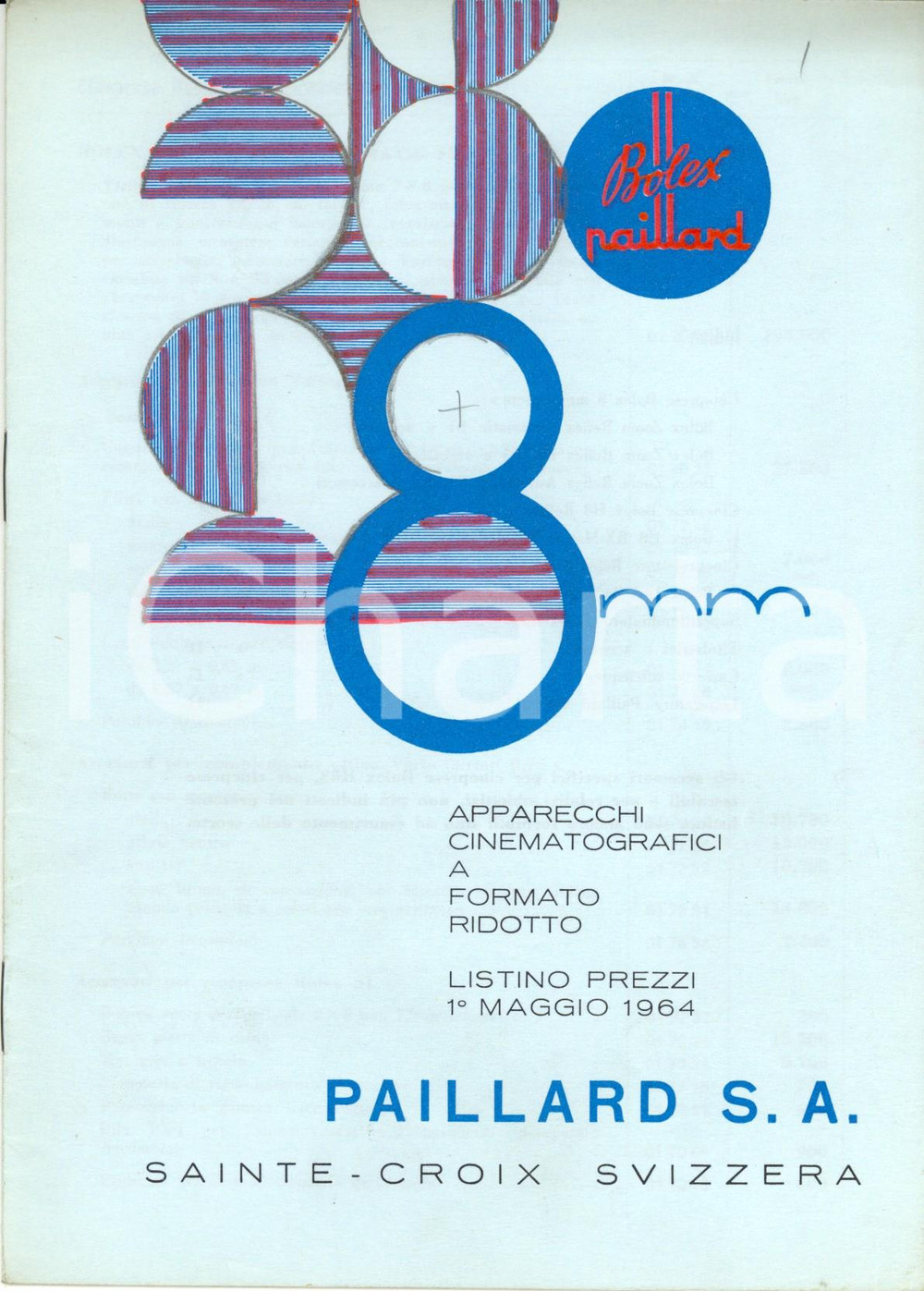 Materiale pubblicitario d’epoca 1964 MILANO Apparecchi cinematografici a formato ridotto BOLEX PAILLARD Listino 1
