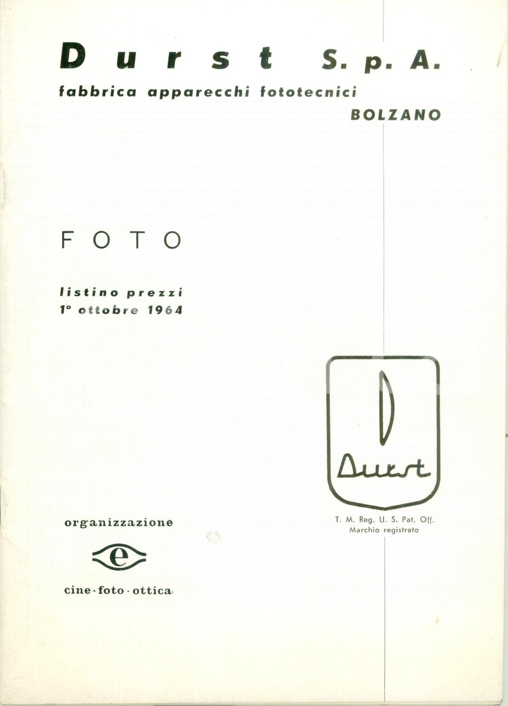 Materiale pubblicitario d’epoca 1964 BOLZANO Fabbrica apparecchi fototecnici DURST Listino prezzi ILLUSTRATO 1