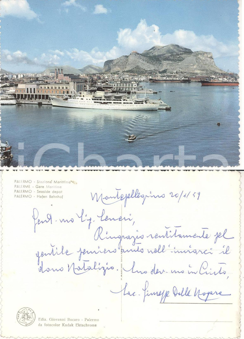 Autografo originale 1959 PALERMO Stazione marittima Cartolina don Giuseppe DALLE NOGARE FG VG 1