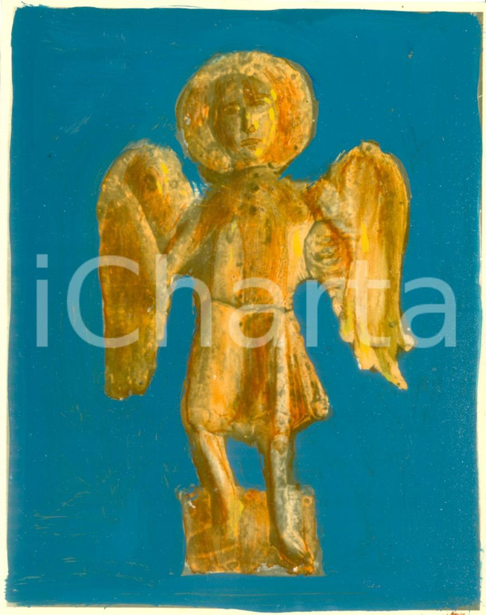 Fotografia d epoca originale 1950 ca MONTE SANT ANGELO FG Statuetta Arcangelo Fotografia COLORATA A MANO 1