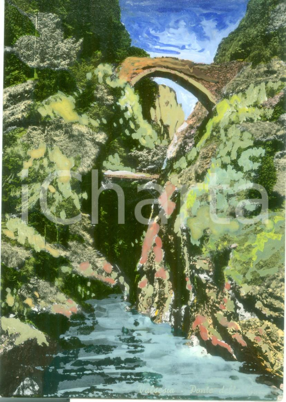 Cartolina originale da collezione 1960 ca VALSESIA VC Il Ponte della GULA Cartolina COLORATA A MANO FG NV 1