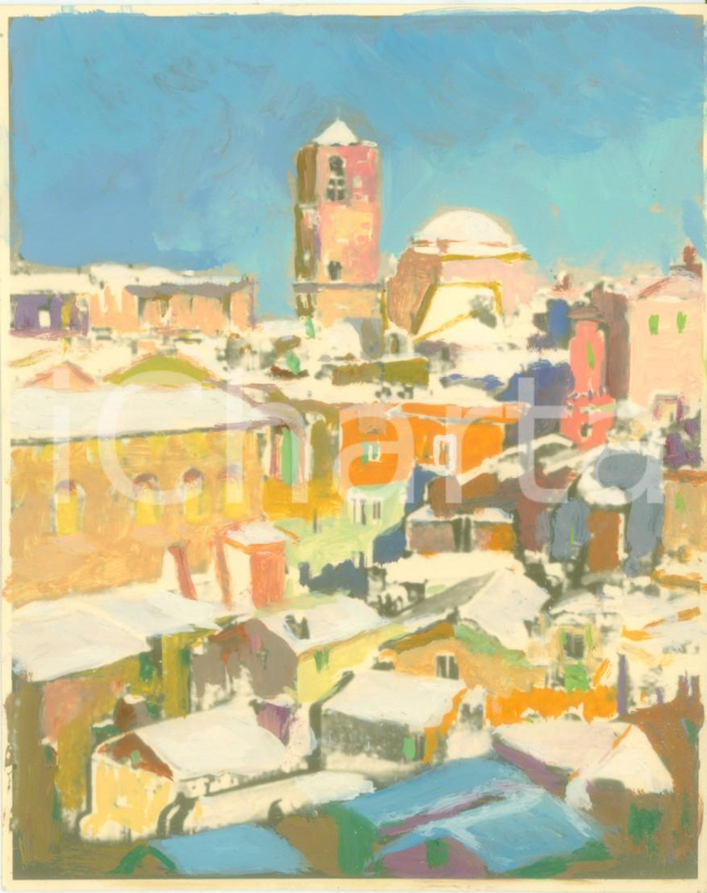 Fotografia d epoca originale 1950 ca MONTE SANT ANGELO FG Panorama innevato Fotografia COLORATA A MANO 1