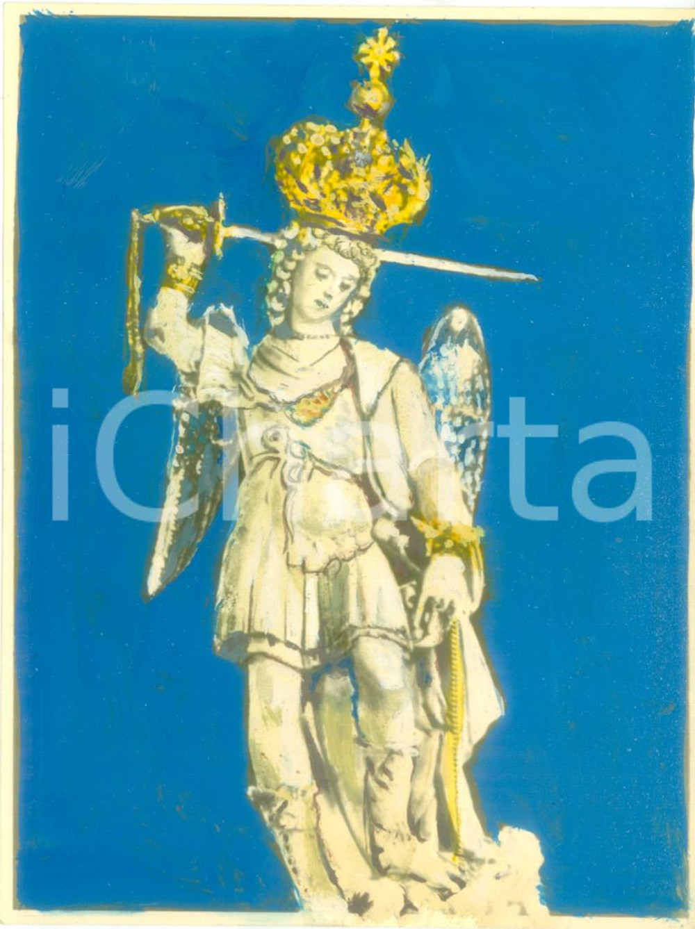 Fotografia d epoca originale 1950 ca MONTE SANT ANGELO FG Statua di San Michele Fotografia COLORATA A MANO 1