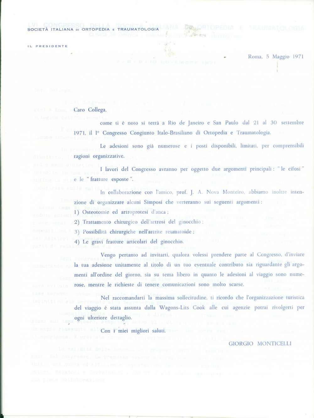 Documento originale, autentico 1971 ROMA SocietÃ  Italiana Ortopedia Traumatologia LVI Congresso Documento 1