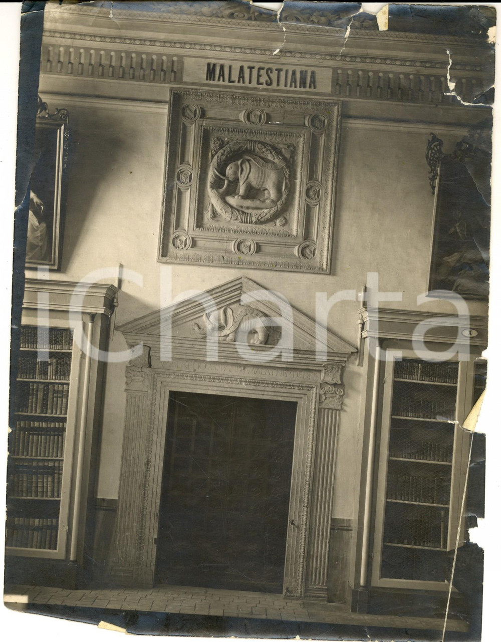 Fotografia d epoca originale 1930 ca CESENA Biblioteca MALATESTIANA Portale con fregi Foto DANNEGGIATA 17x23 1