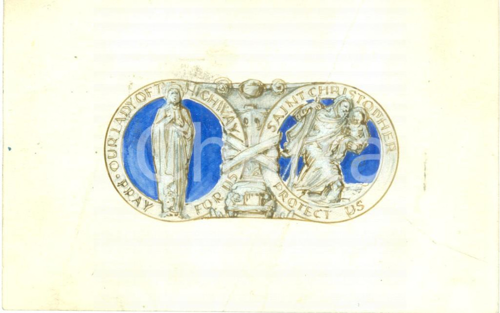 Stampa, bozzetto originale 1935 Saint Christopher Pray Our Lady of the Highway Bozzetto a mano per medaglia 1