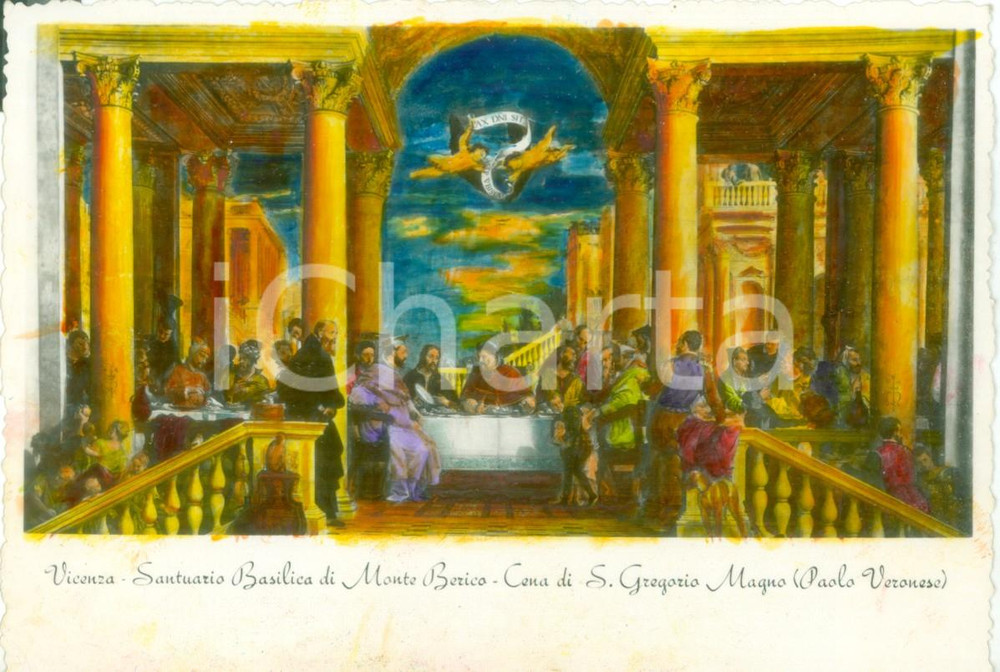 Cartolina originale da collezione 1955 VICENZA Cena SAN GREGORIO Basilica Monte BERICO Cartolina COLORATA A MANO 1
