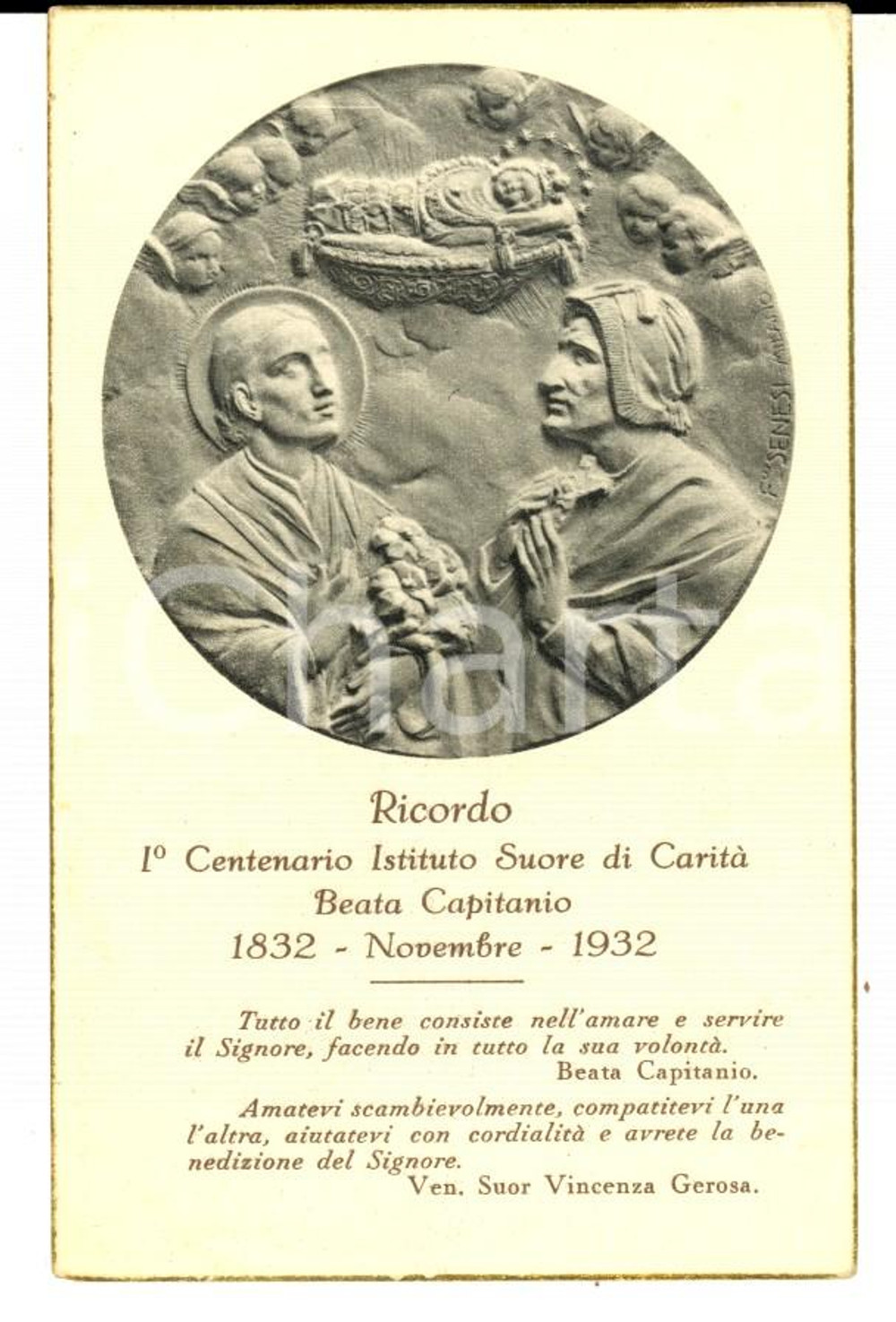 Oggetto da collezione cartaceo 1932 Suore di CaritÃ  BEATA CAPITANIO Ricordo del 1Â° centenario Santino 1