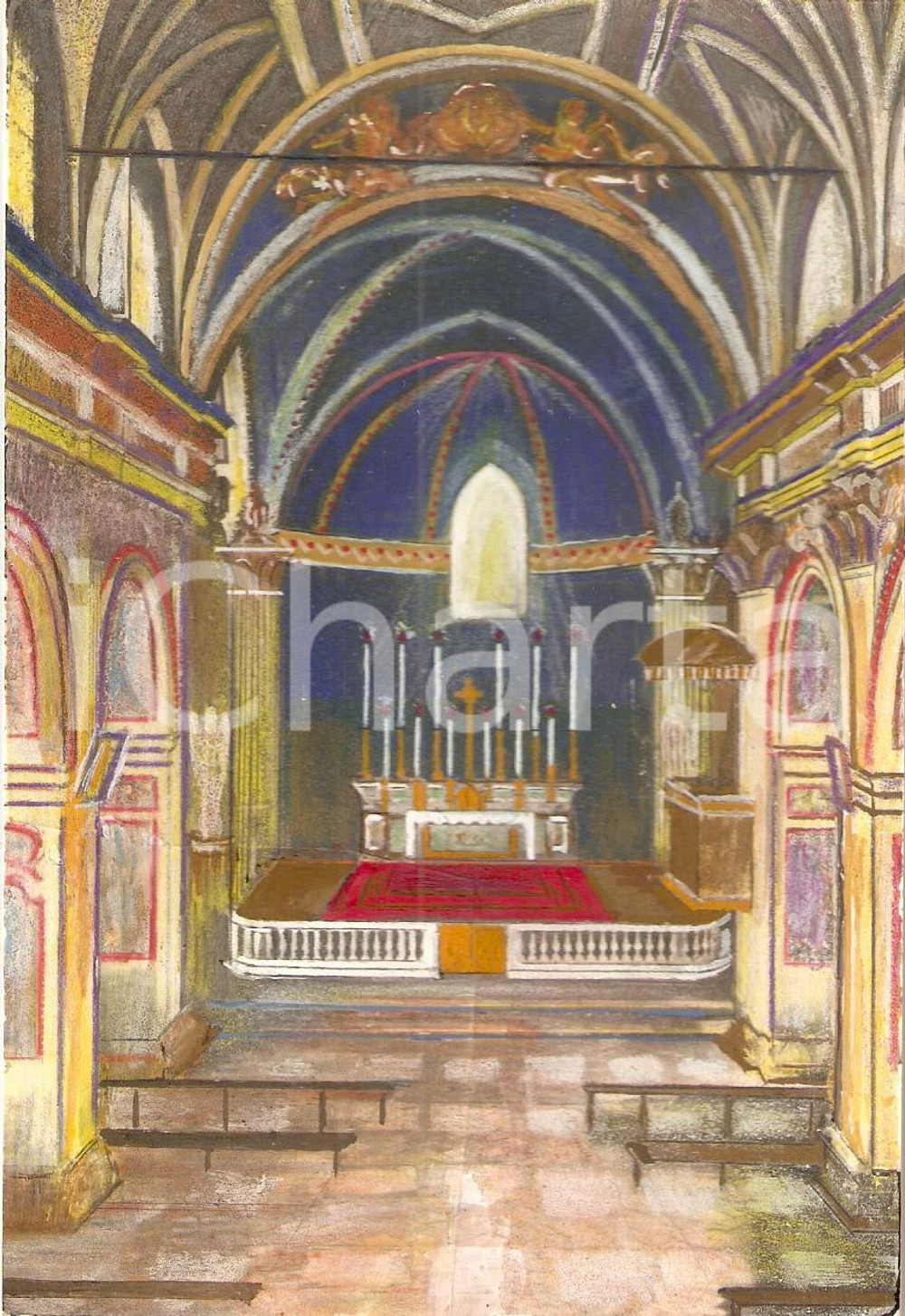 Cartolina originale da collezione 1955 ca ARTE SACRA Interno di un Santuario ClichÃ© santino dipinto a mano 1