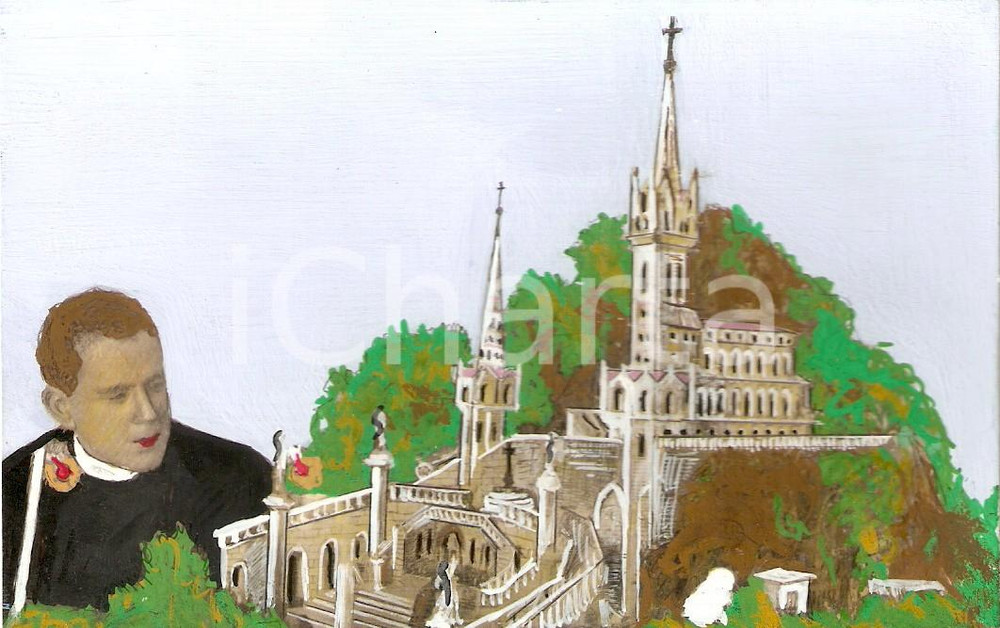 Cartolina originale da collezione 1955 ca LOURDES Sacerdote e panorama Santuario Cliché santino dipinto a mano 1