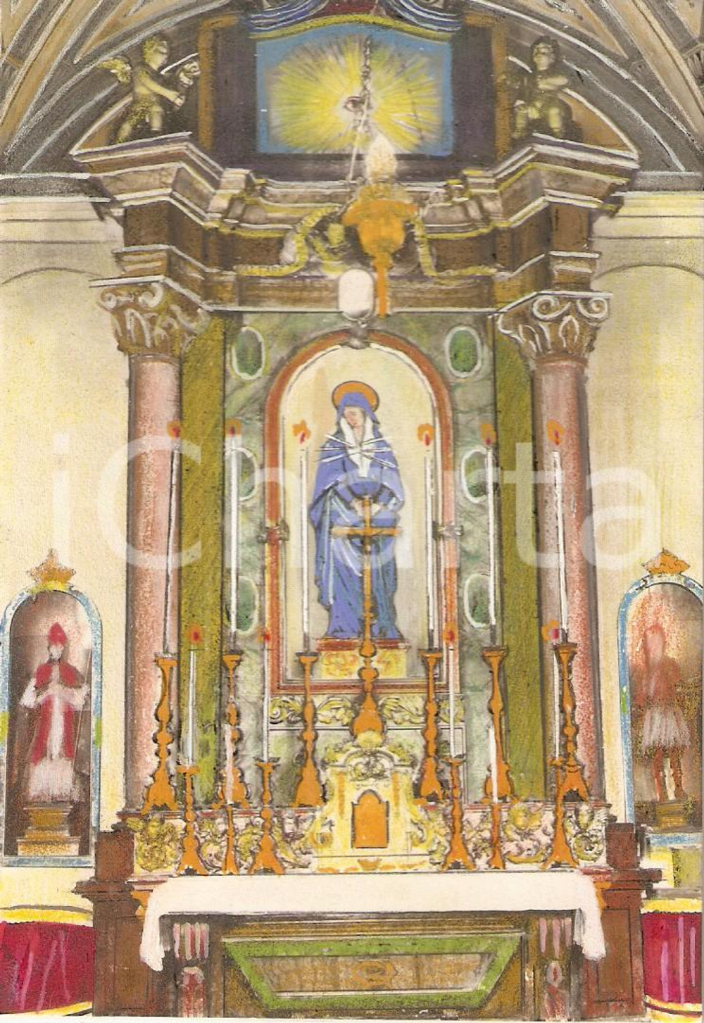 Cartolina originale da collezione 1955 ca ARTE SACRA Altare con statua Madonna ClichÃ© per santino dipinto a mano 1