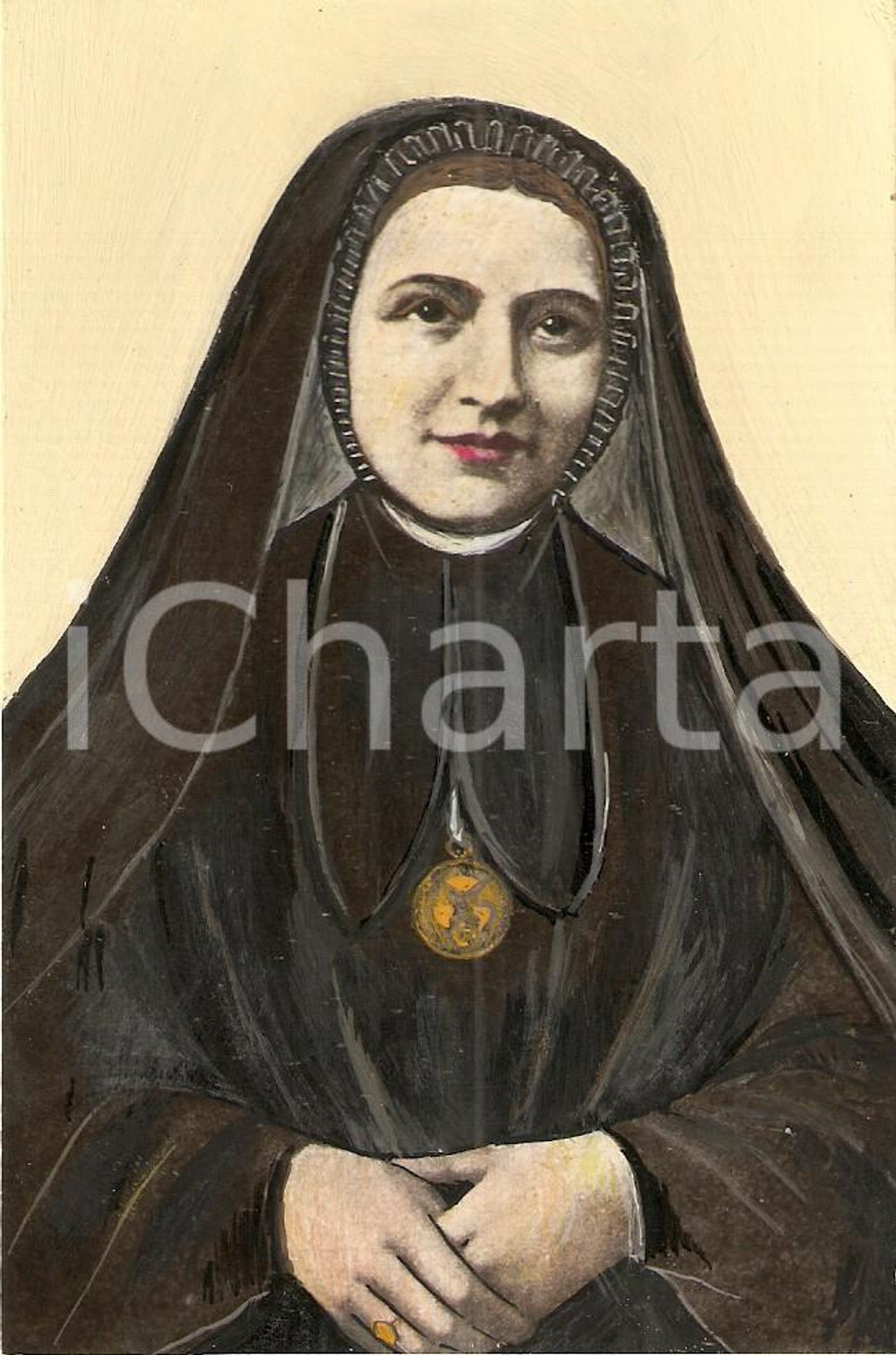 Cartolina originale da collezione 1955 ca ARTE SACRA Suora con medaglione ClichÃ© per santino dipinto a mano 1
