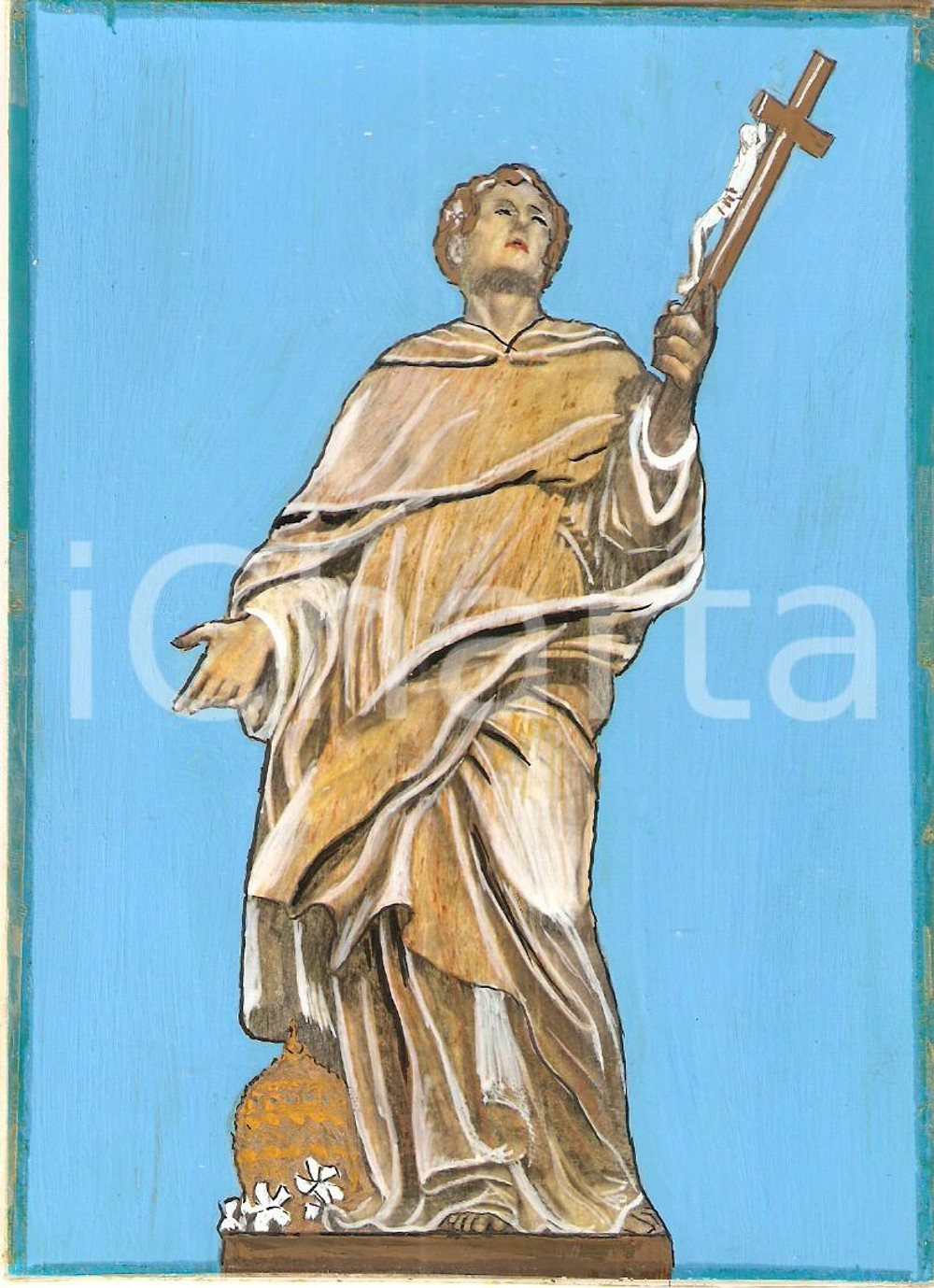 Cartolina originale da collezione 1955 ca ARTE SACRA Santo con crocifisso e tiara ClichÃ© dipinto a mano 1