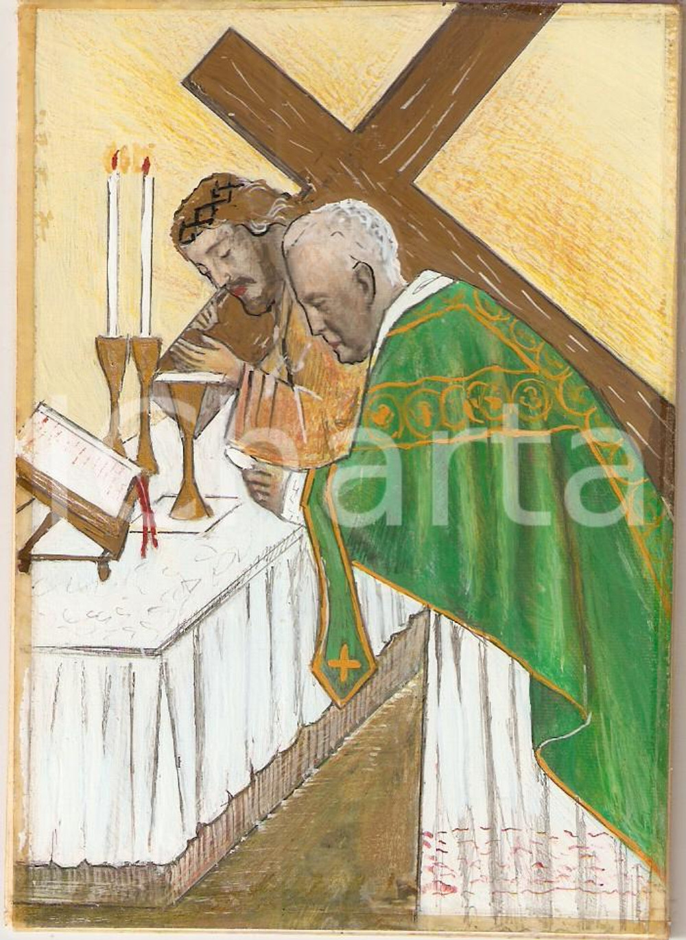 Cartolina originale da collezione 1955 ca ARTE SACRA GesÃ¹ e sacerdote celebrano messa ClichÃ© dipinto a mano 1