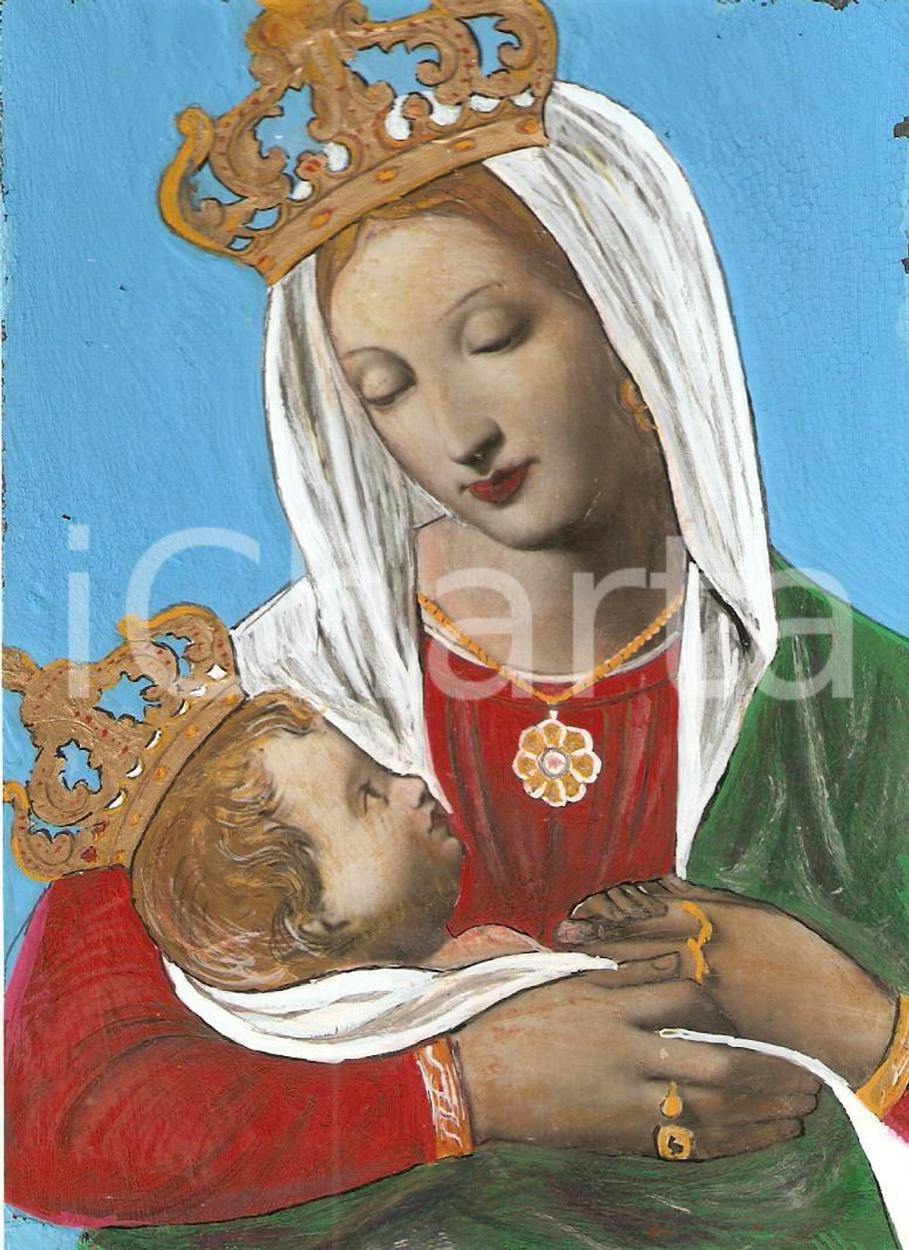 Cartolina originale da collezione 1955 ca ARTE SACRA Madonna con GesÃ¹ Bambino ClichÃ© per santino dipinto a mano 1
