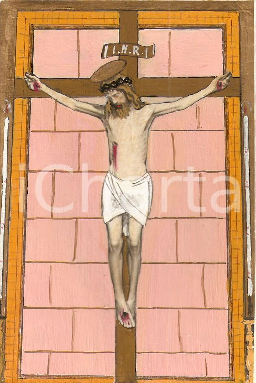 Cartolina originale da collezione 1955 ca ARTE SACRA Crocifisso ClichÃ© per santino dipinto a mano 1
