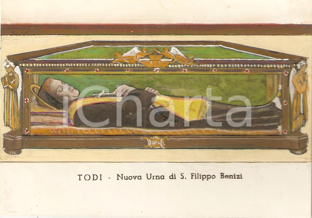 Cartolina originale da collezione 1955 TODI Chiesa SAN FILIPPO Nuova urna San Filippo BENIZI Cliché dipinto a mano 1
