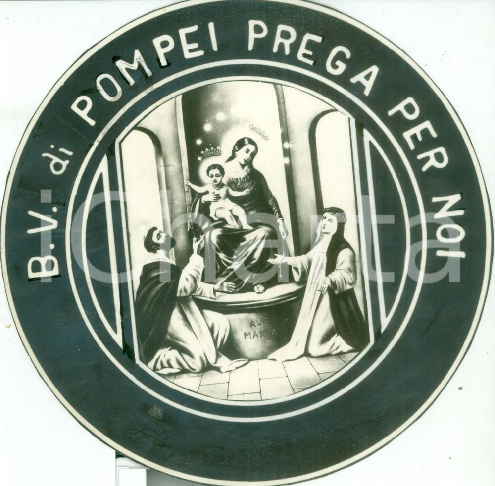 Stampa, bozzetto originale 1950 POMPEI Ricordo del Santuario Stampa devozionale in tondo COLORATA MANO 1