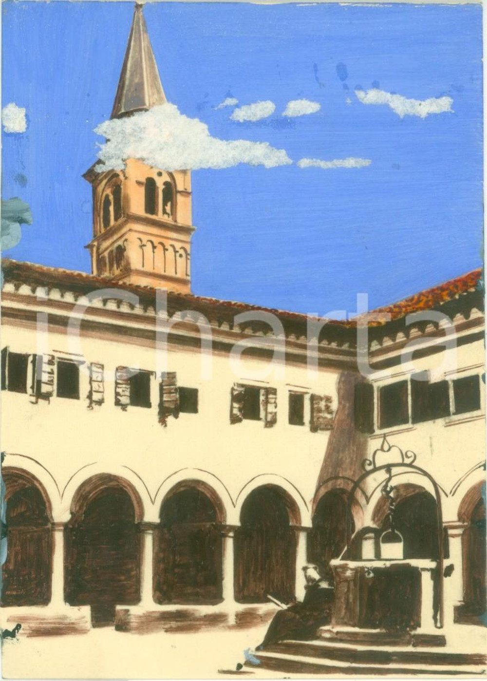 Fotografia d epoca originale 1955 MOTTA DI LIVENZA Chiostro e pozzo Madonna dei Miracoli Colorata a tempera 1