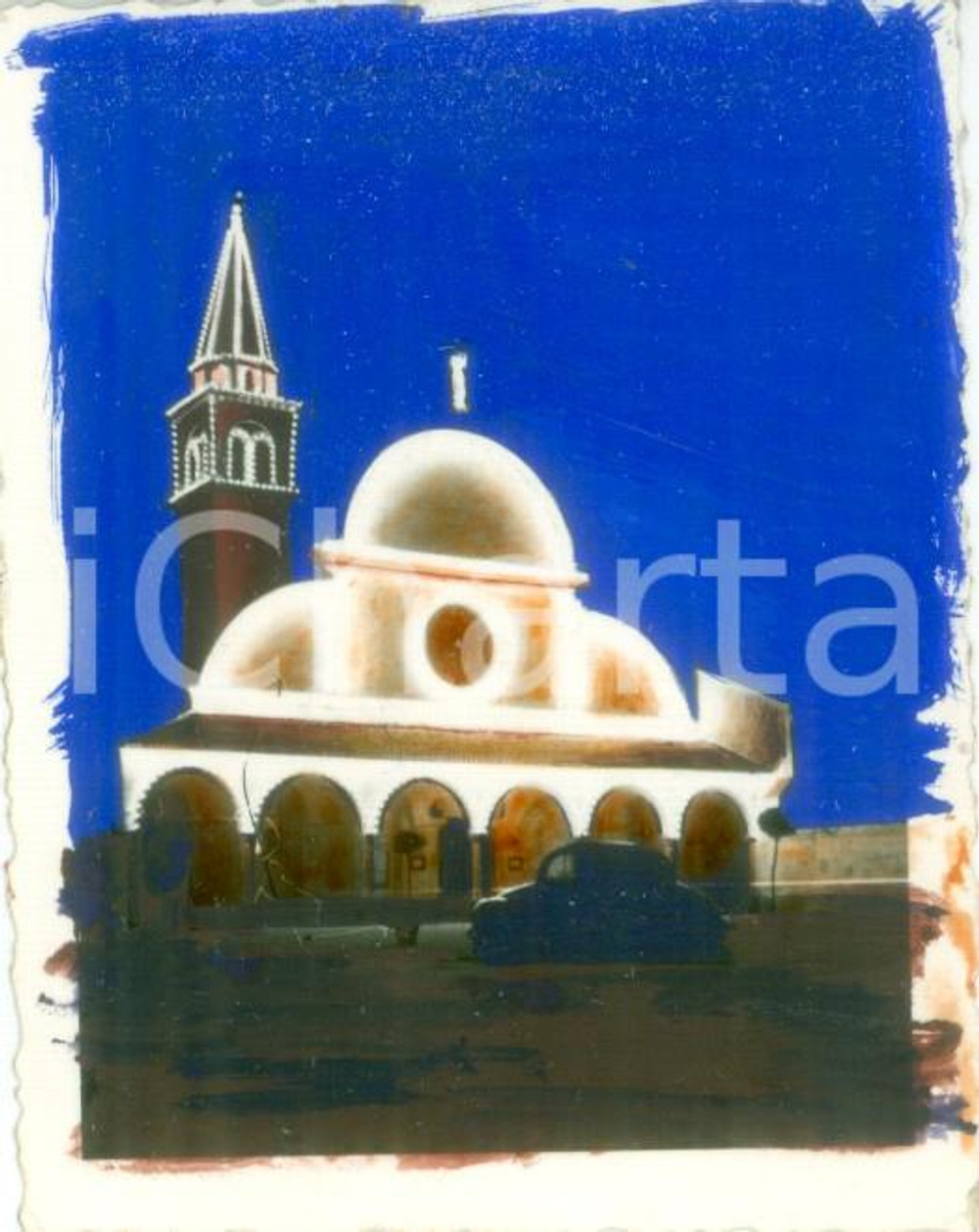 1955 ca MOTTA DI LIVENZA Notturno Basilica Madonna dei Miracoli Colorata tempera