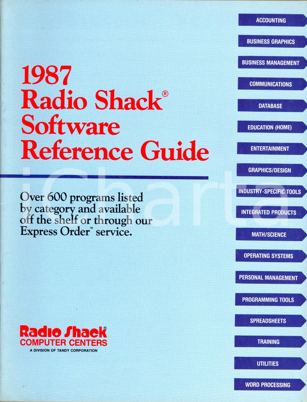 Materiale pubblicitario d’epoca 1987 FORT WORTH USA RADIO SHACK COMPUTER CENTERS Software reference guide 1