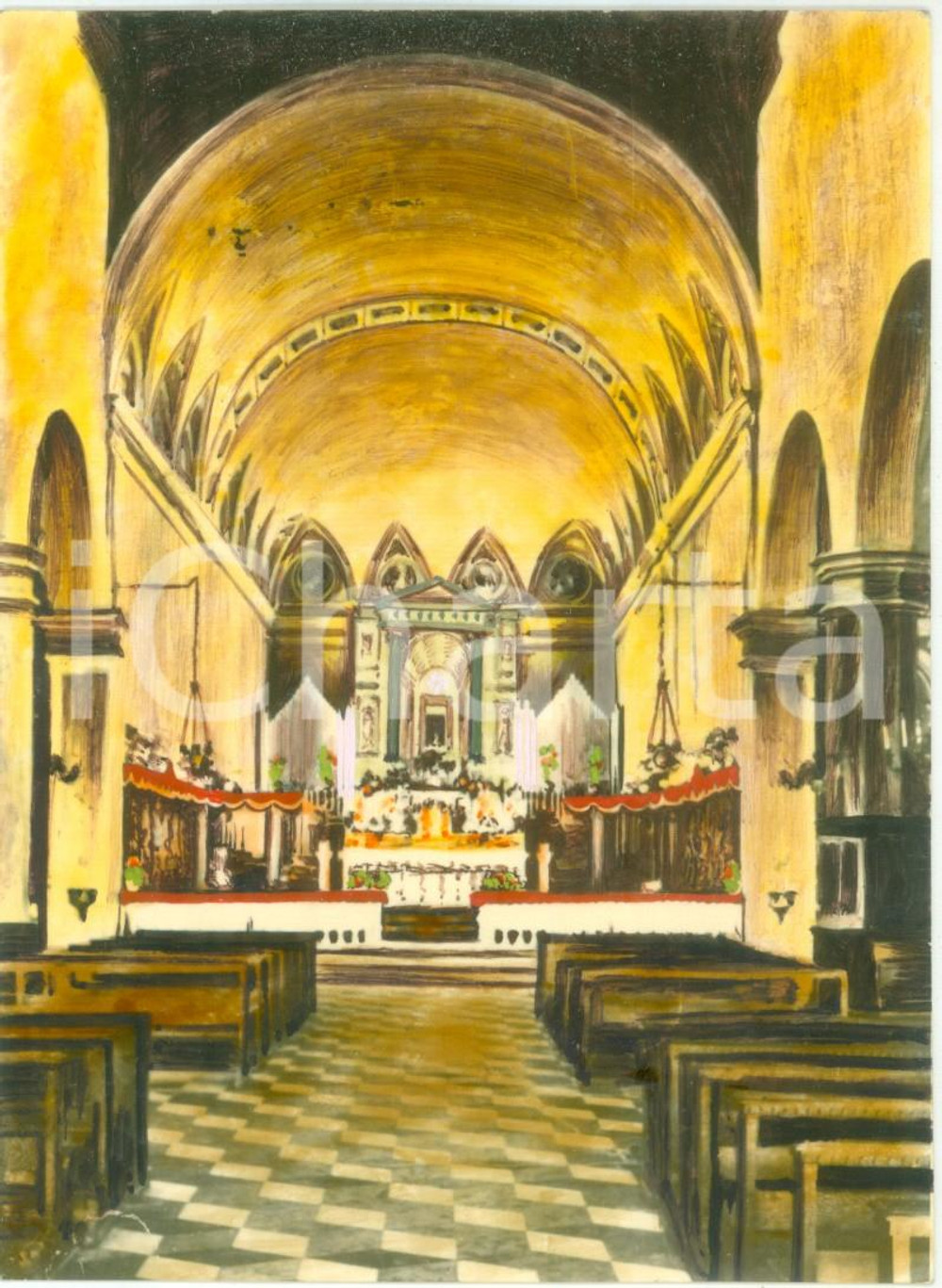 Fotografia d epoca originale 1955 ca MOTTA DI LIVENZA Navata Basilica Madonna dei Miracoli Colorata a tempera 1