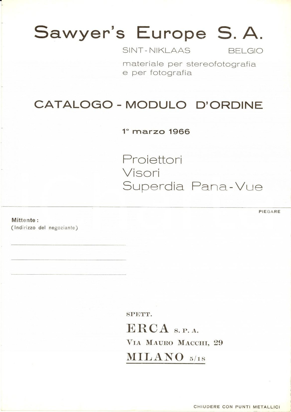 Materiale pubblicitario d’epoca 1966 MILANO Proiettori Superdia PanaVue SAWYER S EUROPE Catalogo modulo ordine 1