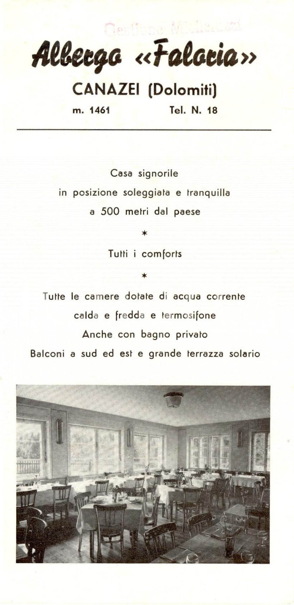 Materiale pubblicitario d’epoca 1955 ca CANAZEI TN DOLOMITI Albergo FALORIA Opuscolo pubblicitario ILLUSTRATO 1