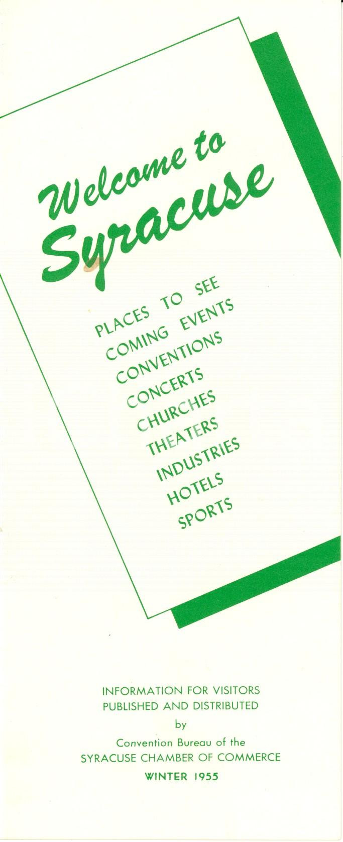 Materiale pubblicitario d’epoca 1955 SYRACUSE USA Opuscolo turistico ILLUSTRATO con mappa del centro città 1