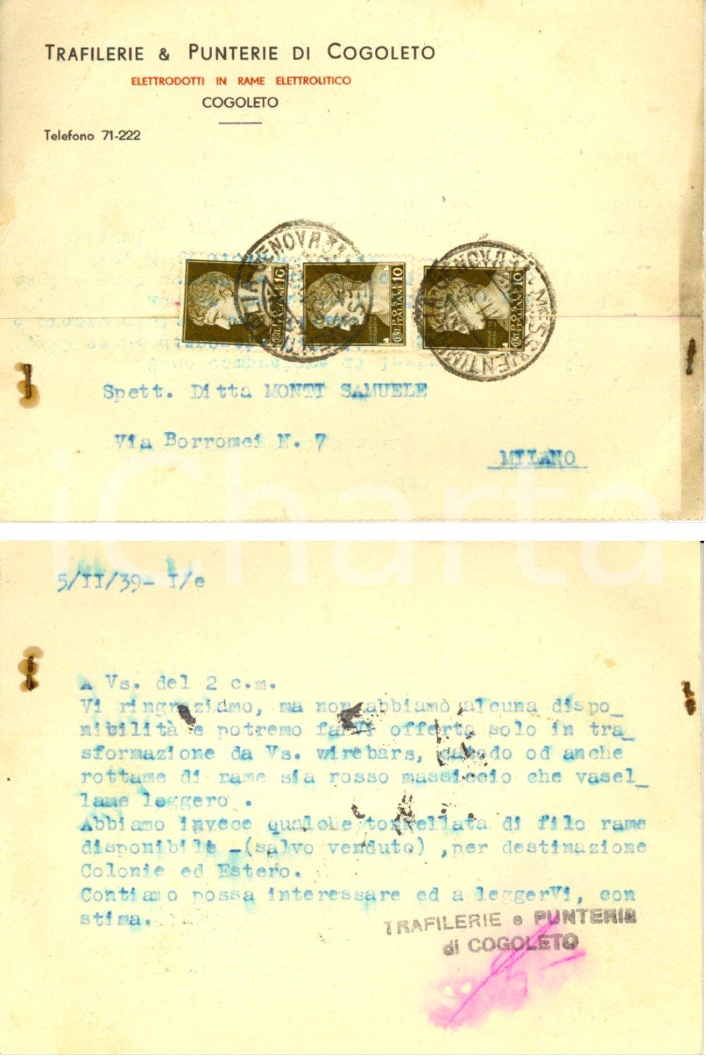 Cartolina originale da collezione 1939 COGOLETO GE Trafilerie e punterie a ditta Samuele MONTI INTESTATA FG VG 1