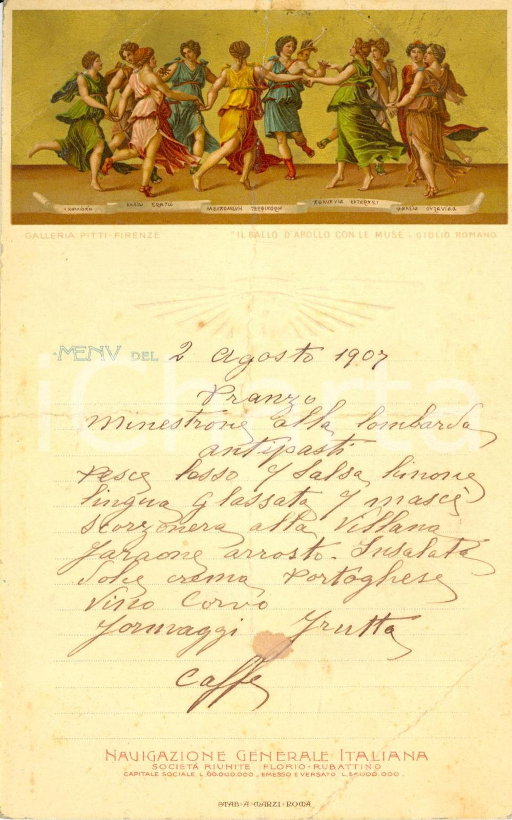 1907 Giulio ROMANO Ballo d'APOLLO con le Muse Menù NAVIGAZIONE GENERALE ITALIANA