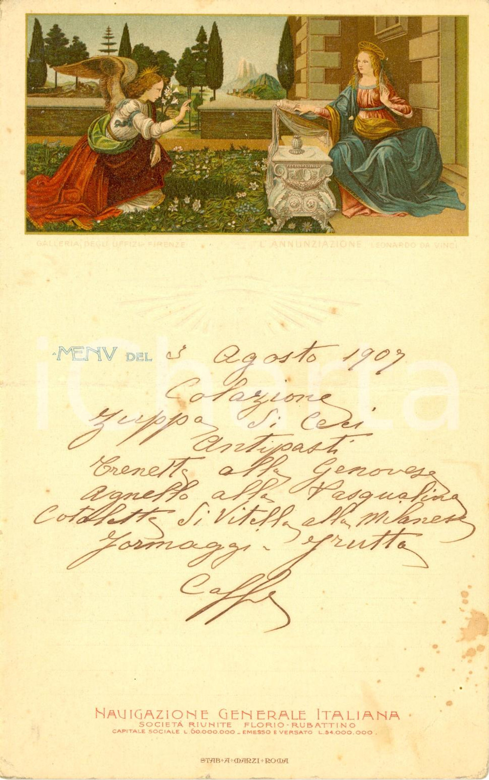 1907 Leonardo da VINCI Annunciazione Menù di bordo NAVIGAZIONE GENERALE ITALIANA