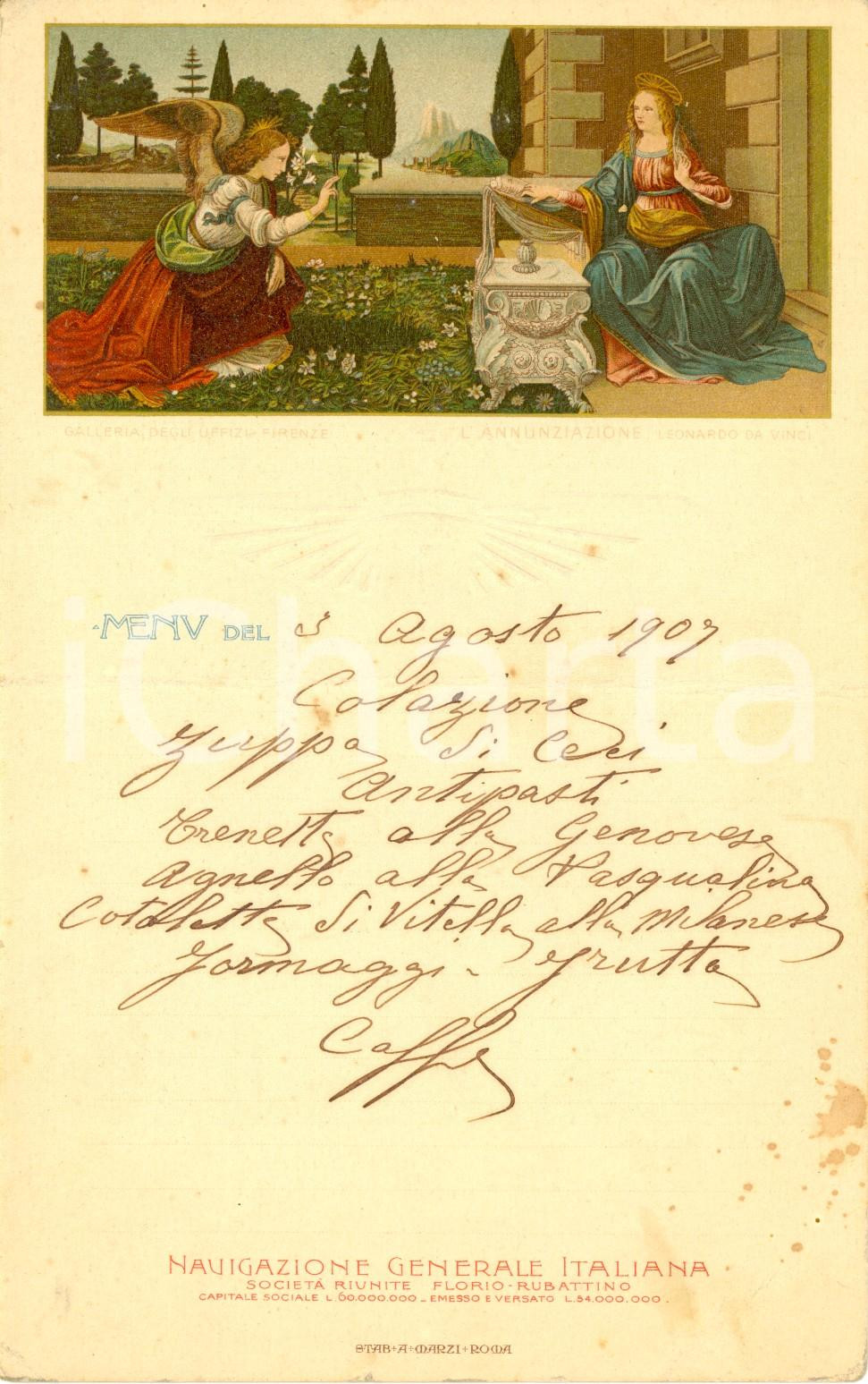Oggetto da collezione cartaceo 1907 Leonardo da VINCI Annunciazione Menù di bordo NAVIGAZIONE GENERALE ITALIANA 1