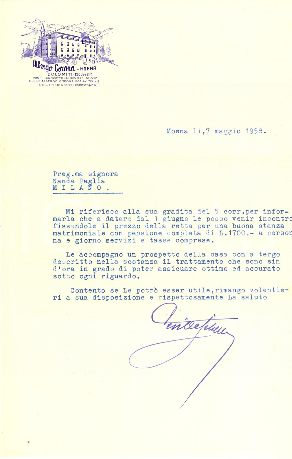 Manoscritto, lettera originale 1958 MOENA TN DOLOMITI Albergo CORONA Lettera INTESTATA con illustrazione 1