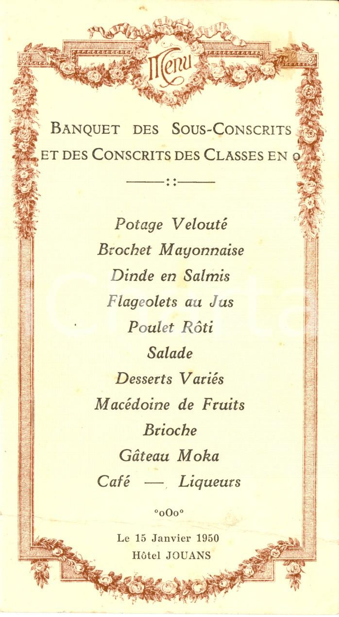 Oggetto da collezione cartaceo 1950 BRANGES ? F Hotel JOUANS Banquet sousconscrits et conscrits MenÃ¹ 1