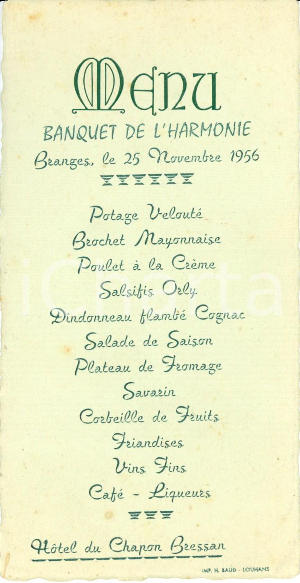 Oggetto da collezione cartaceo 1956 BRANGES FRANCE Hotel du CHAPON BRESSAN Banquet de l harmonie MenÃ¹ 1