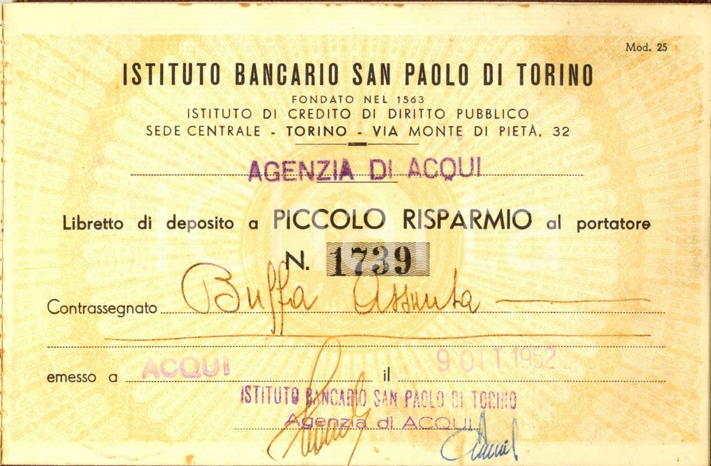 Documento originale, autentico 1952 ACQUI TERME AL Istituto bancario SAN PAOLO Libretto di Assunta BUFFA 1