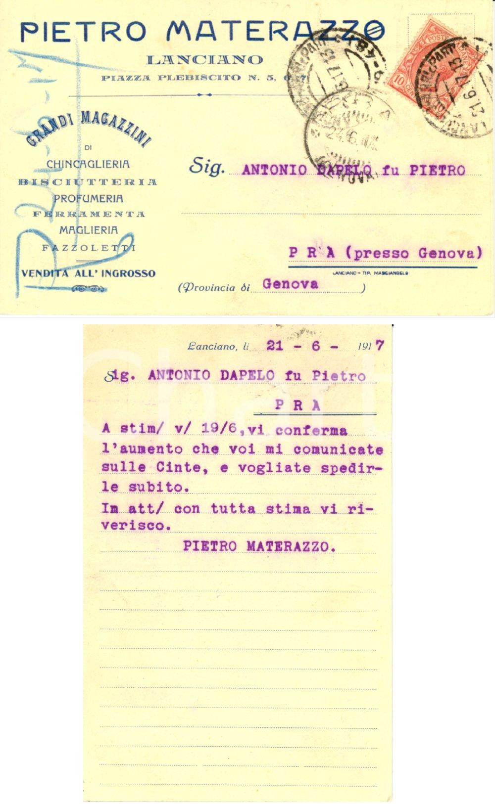 Cartolina originale da collezione 1917 LANCIANO CH Grandi magazzini Pietro MATERAZZO a Antonio DAPELO INTESTATA 1