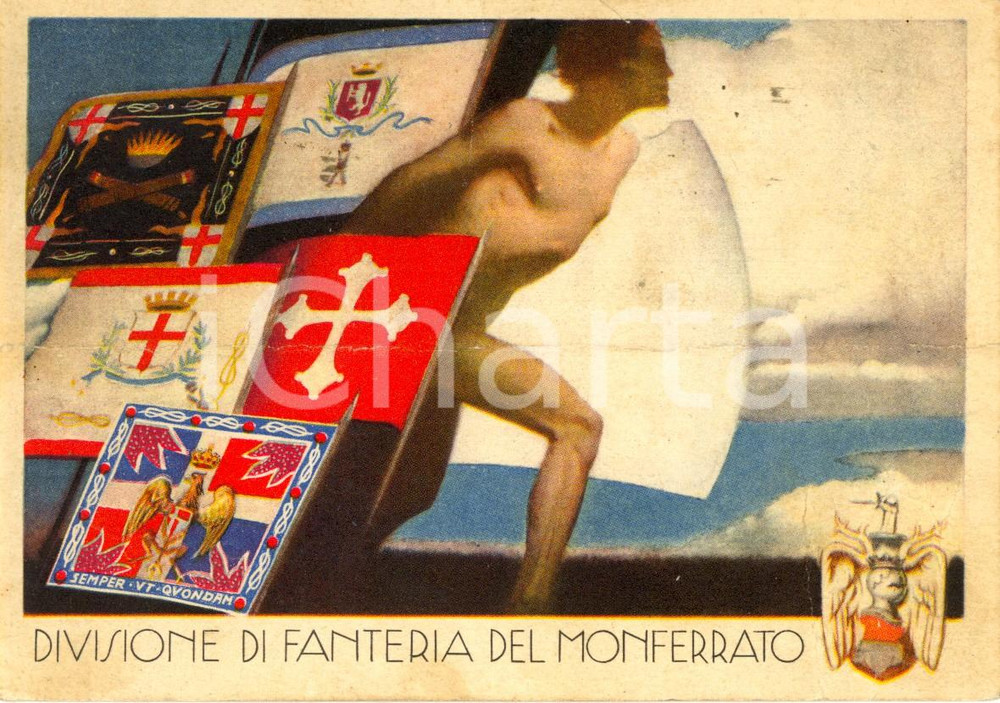 Cartolina originale da collezione 1935 Divisione di FANTERIA del MONFERRATO Cartolina ILLUSTRATA DANNEGGIATA FG VG 1