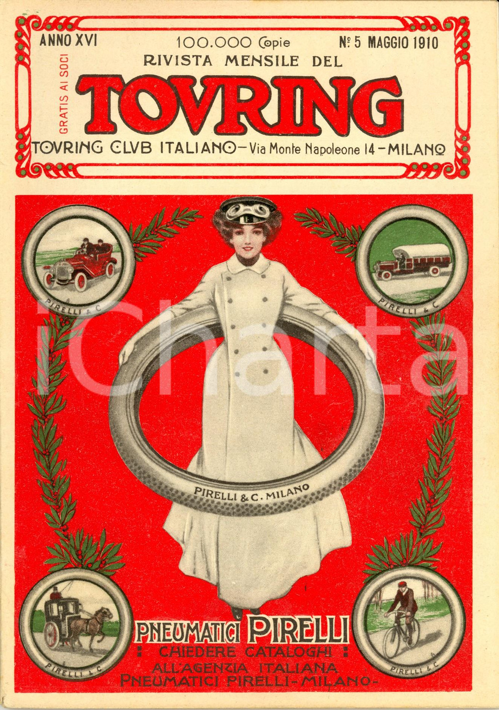Giornale, rivista storica 1910 TOURING CLUB ITALIANO Gare ciclistiche ieri e oggi Anno XVI nÂ°5 PIRELLI 1