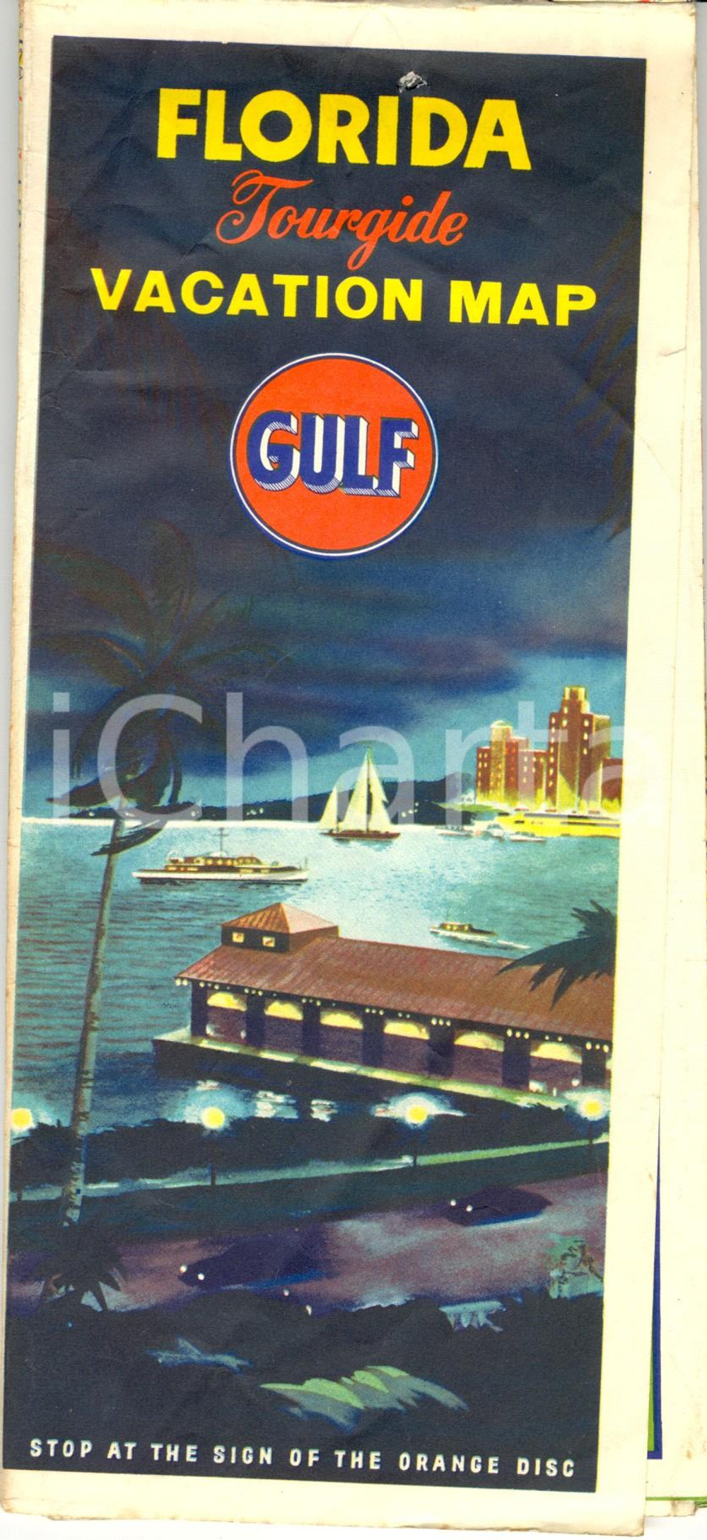 Materiale pubblicitario d’epoca 1950 ca FLORIDA Tourgide Vacation Map Pubblicitaria GULF PRODUCTS 1