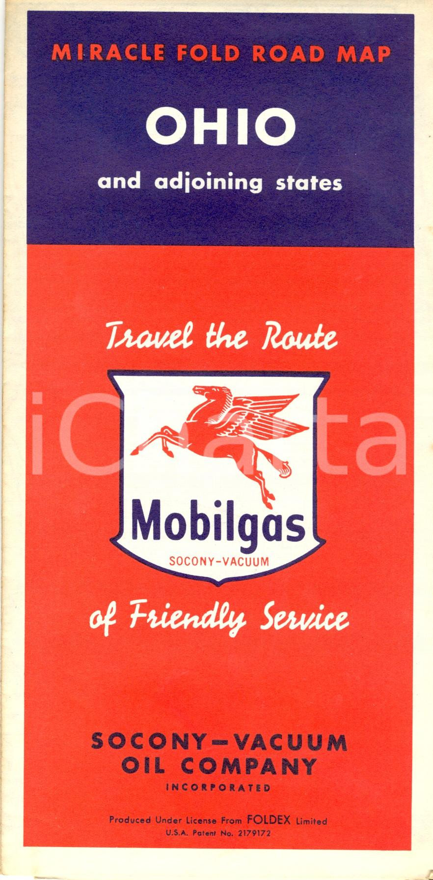 Materiale pubblicitario d’epoca 1950 OHIO USA Miracle Fold Road Map Pubblicitaria MOBILGAS Socony  Vacuum 1